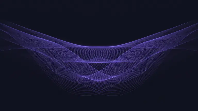 A field of fine violet light-traces curving into a shallow valley against unlit black.